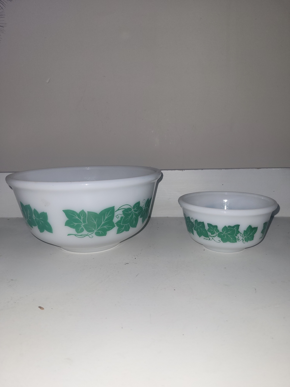 Vintage White Milk Glass Mixing Bowls with Green Ivy Pattern
